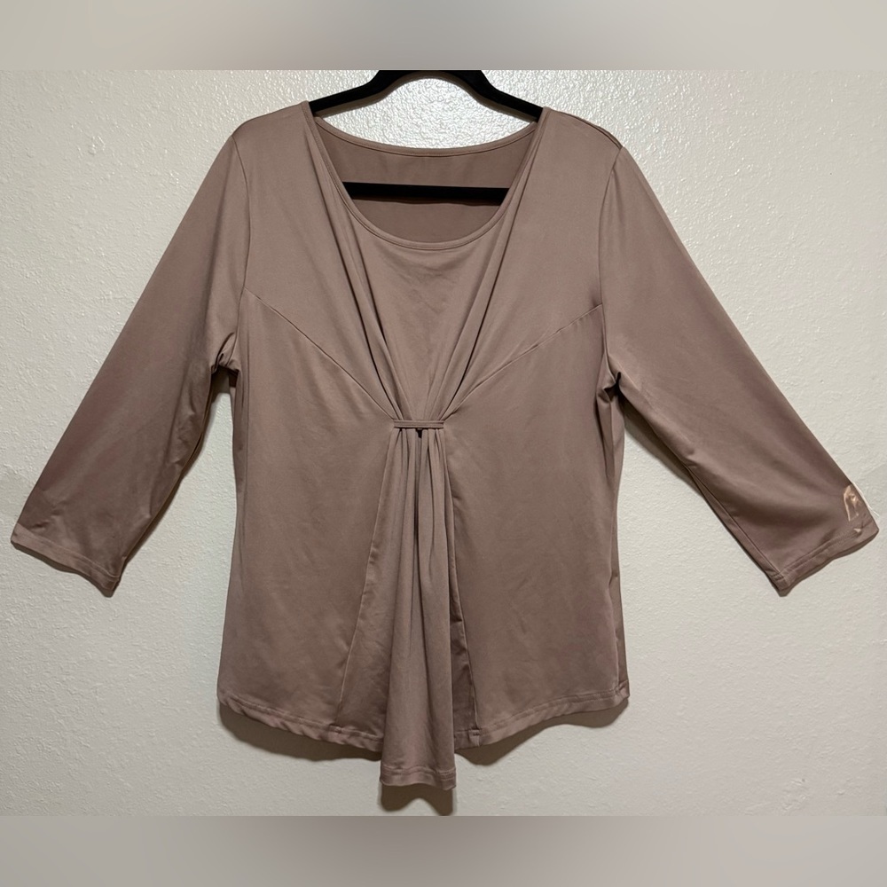 Ruched Front Scoop Neck Blouse XXL | Taupe Draped 3/4 Sleeve Top - Picture 2 of 4